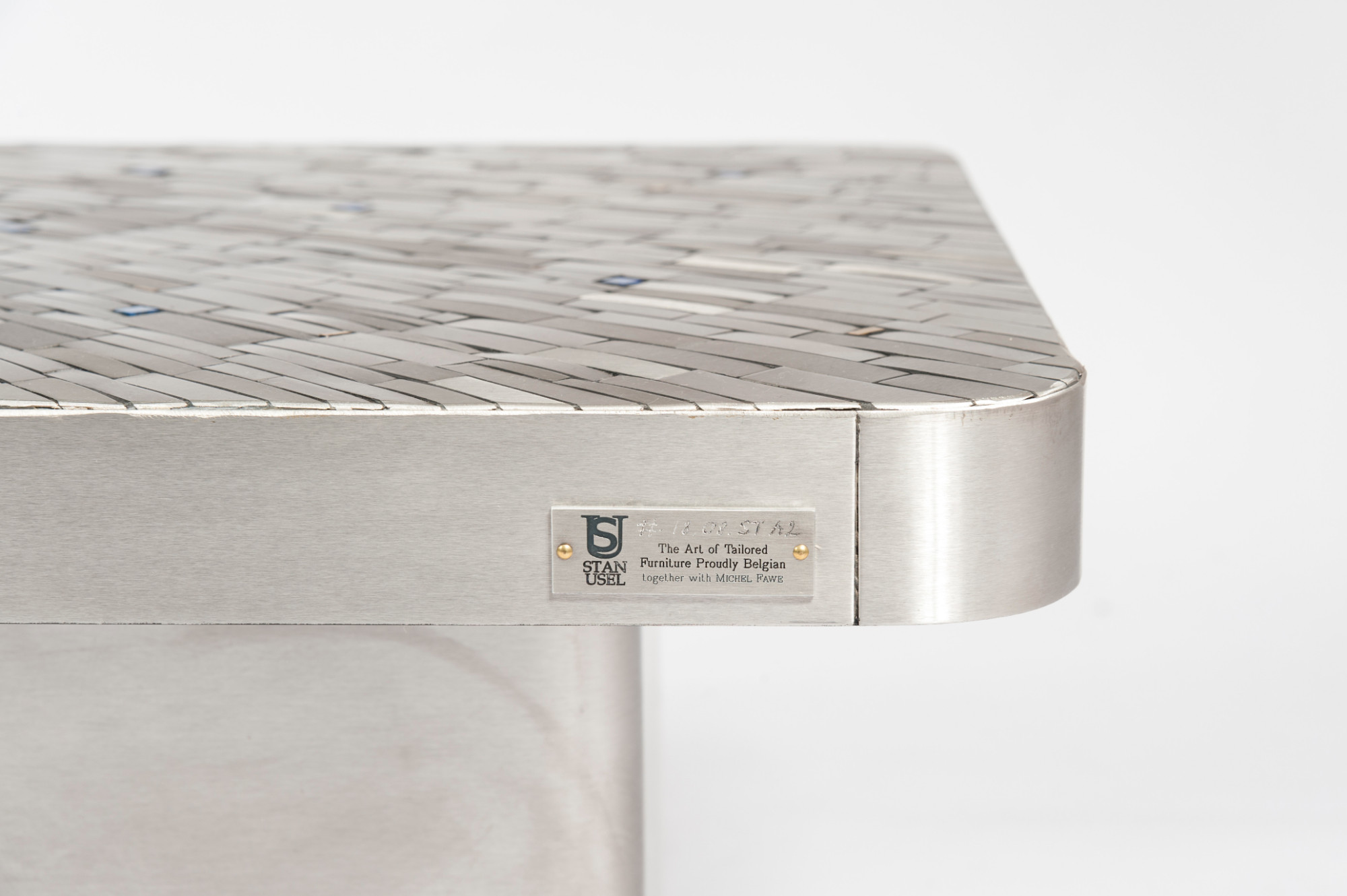 Pair of side table mosaic stainless steel and lapis lasuli by Stan Usel