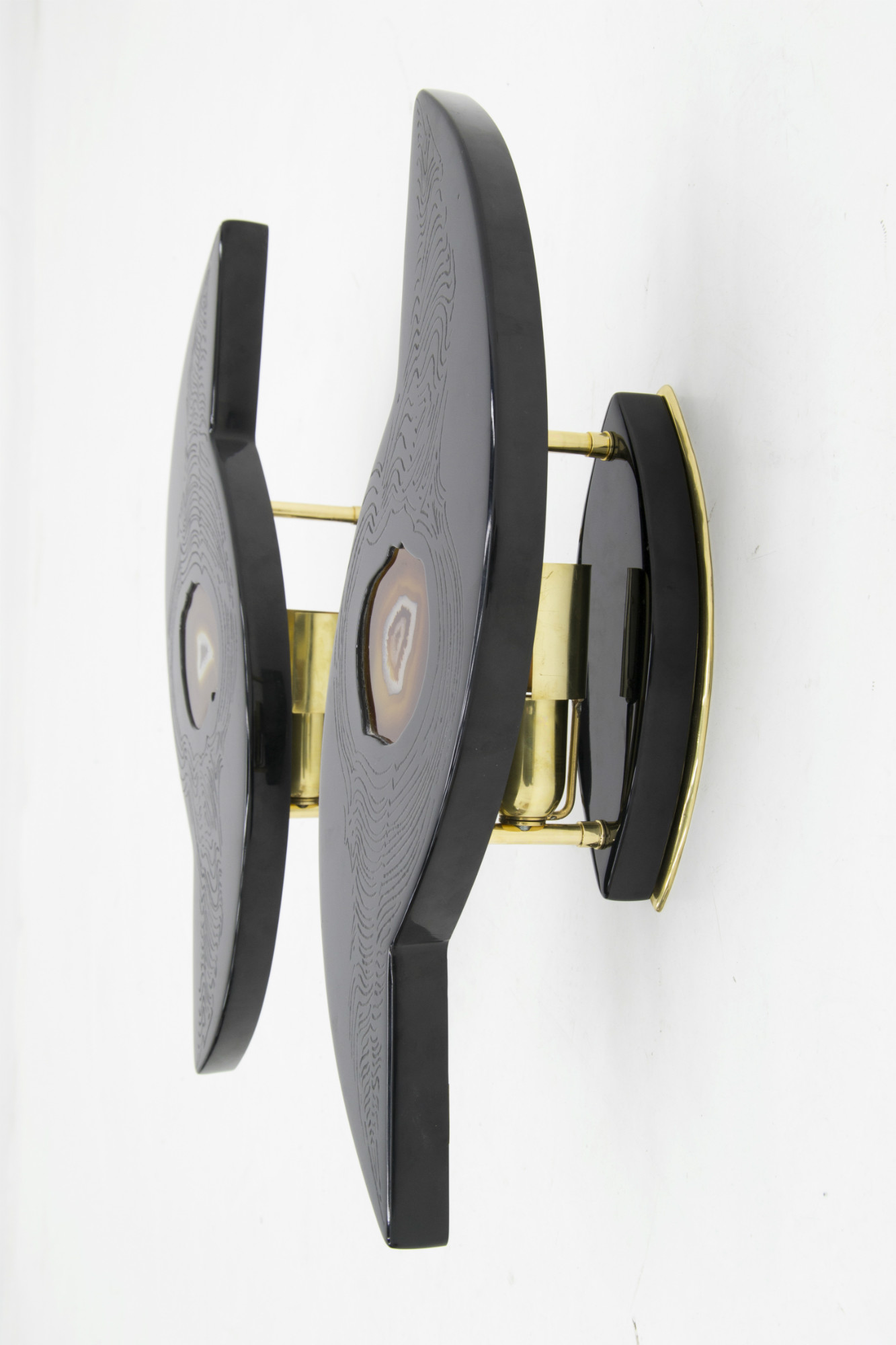 One of a kind studio built Pair of sconces in Black resin and brass with inlaid Agate by Stan Usel