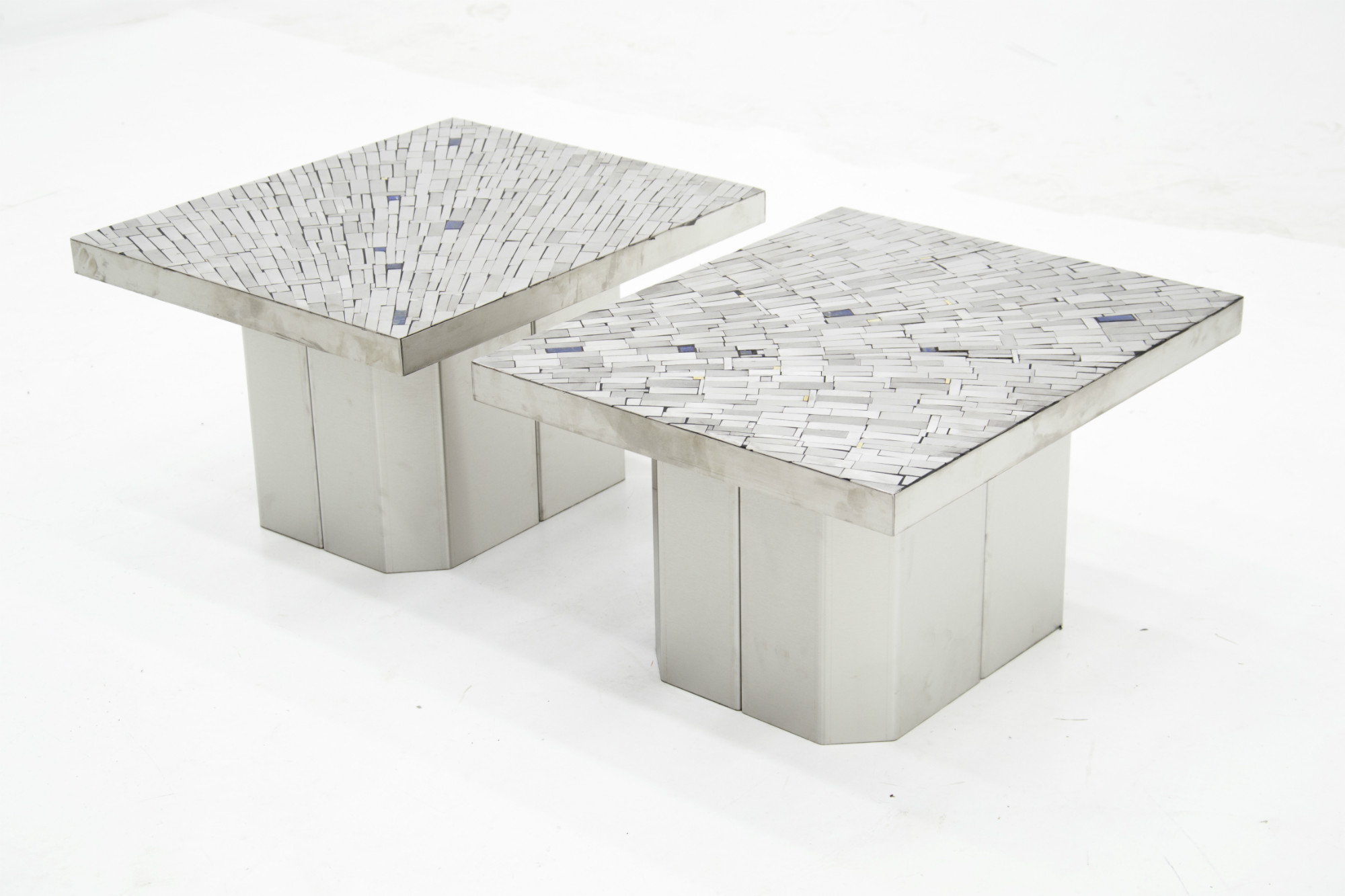 One of a kind studio built Pair of Side Table in mosaic Stainless with inlaid lapis lazuli by Stan Usel