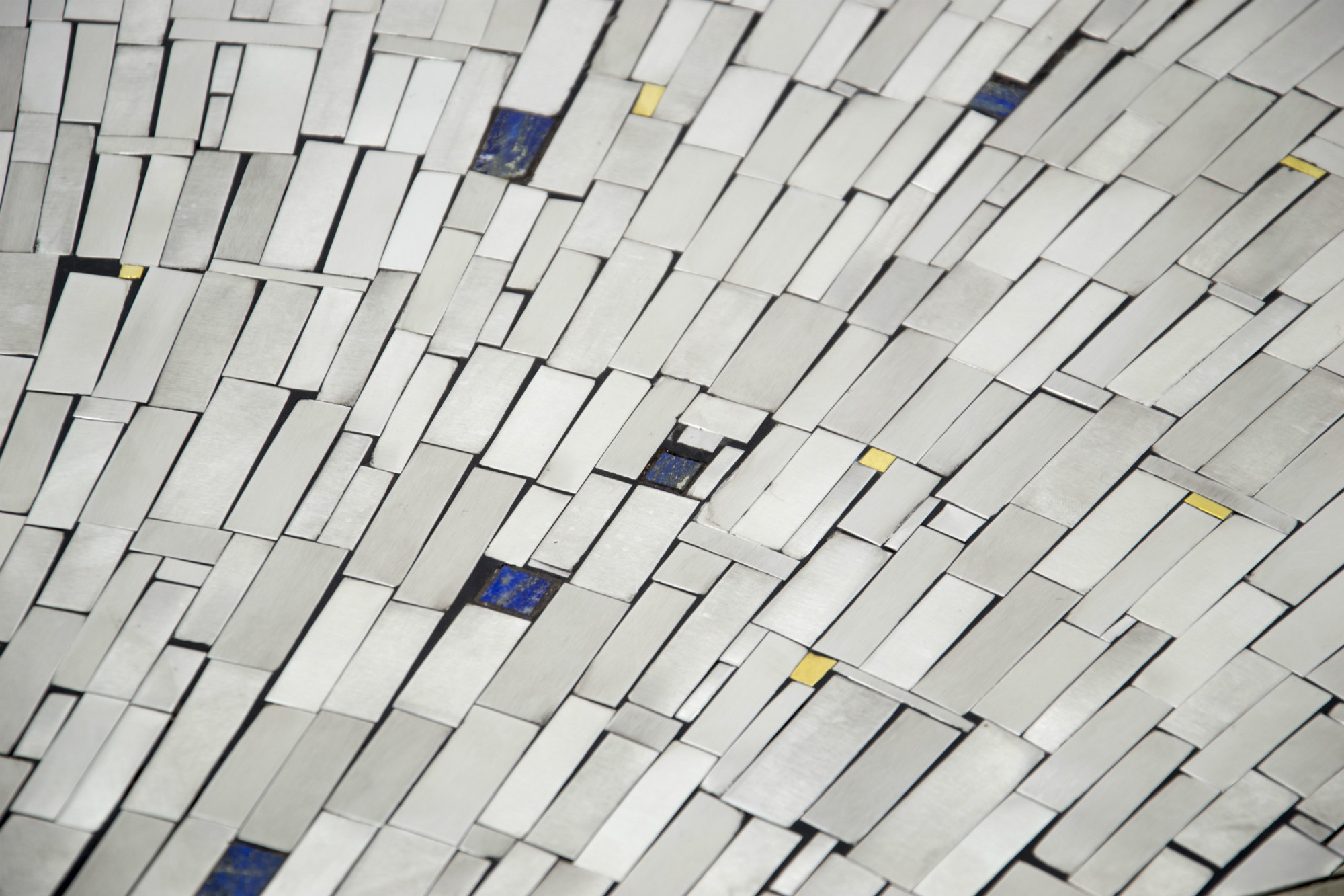 One of a kind studio built Pair of Side Table in mosaic Stainless with inlaid lapis lazuli by Stan Usel