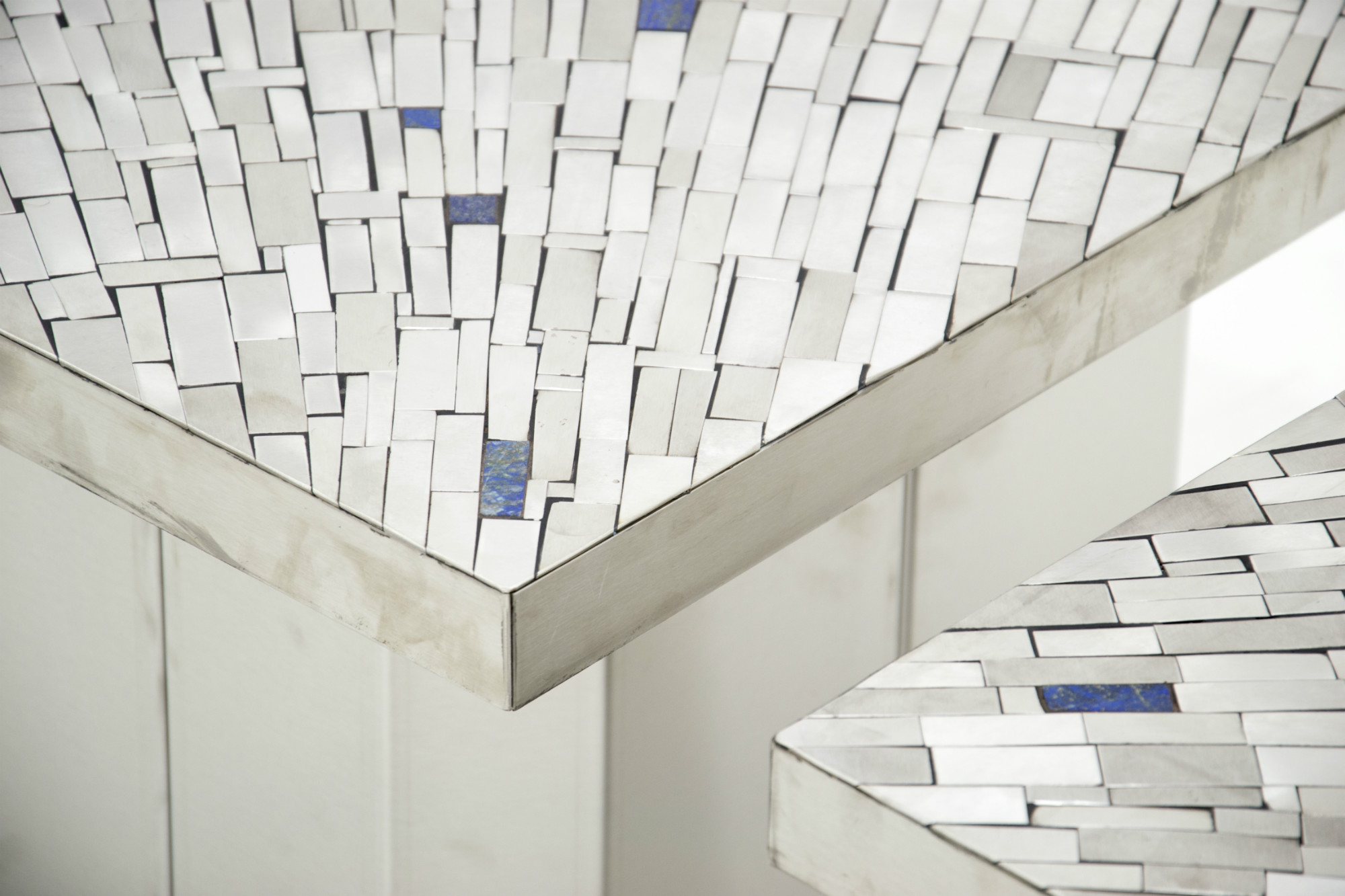 One of a kind studio built Pair of Side Table in mosaic Stainless with inlaid lapis lazuli by Stan Usel