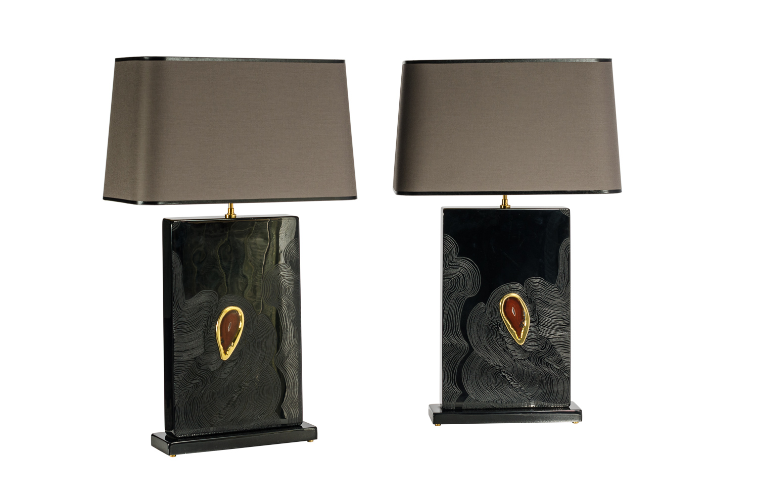 Pair Of Black Resin Table Lamps inlay Agate by Stan Usel