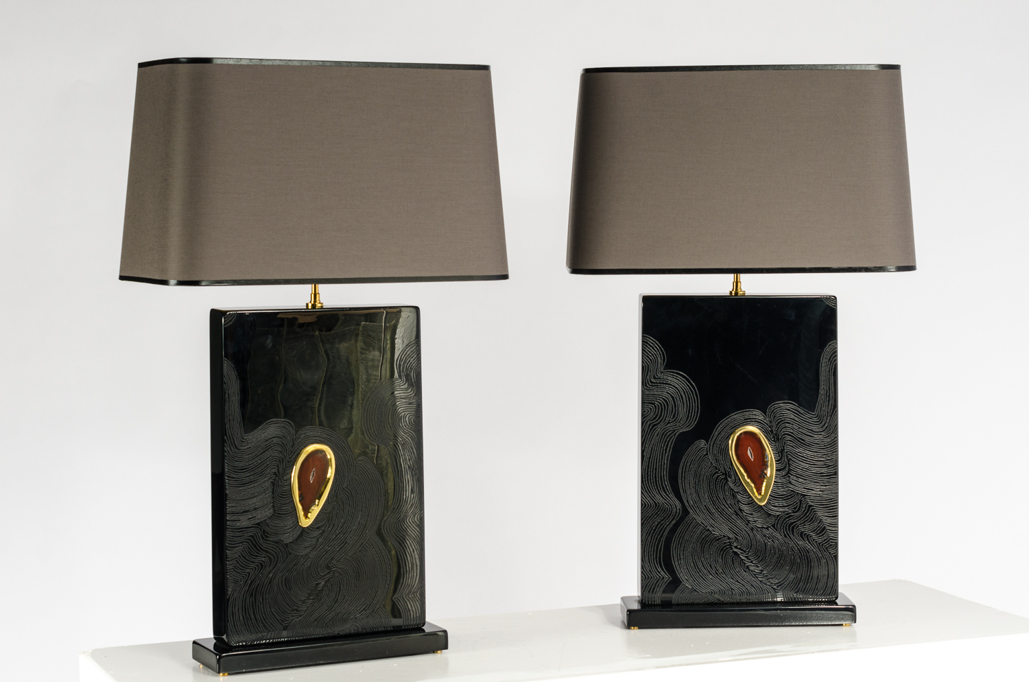 Pair Of Black Resin Table Lamps inlay Agate by Stan Usel