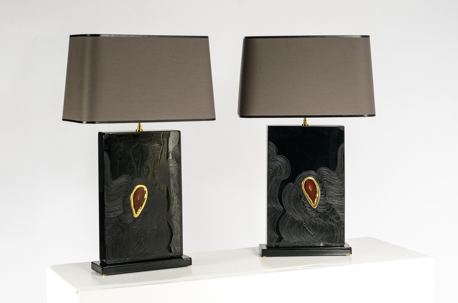 Pair Of Black Resin Table Lamps inlay Agate by Stan Usel