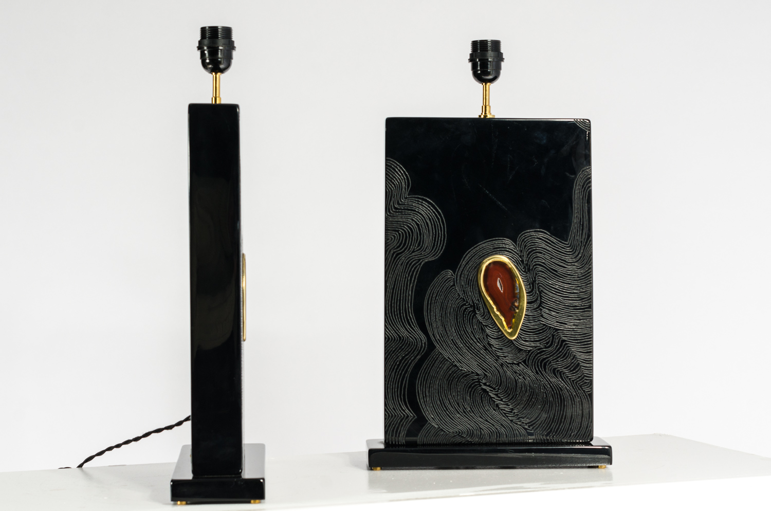 Pair Of Black Resin Table Lamps inlay Agate by Stan Usel