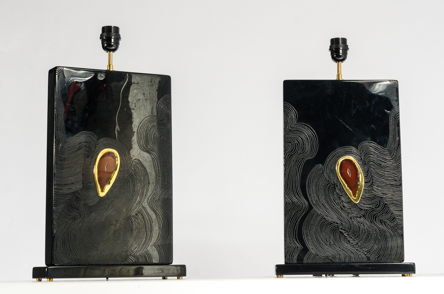 Pair Of Black Resin Table Lamps inlay Agate by Stan Usel