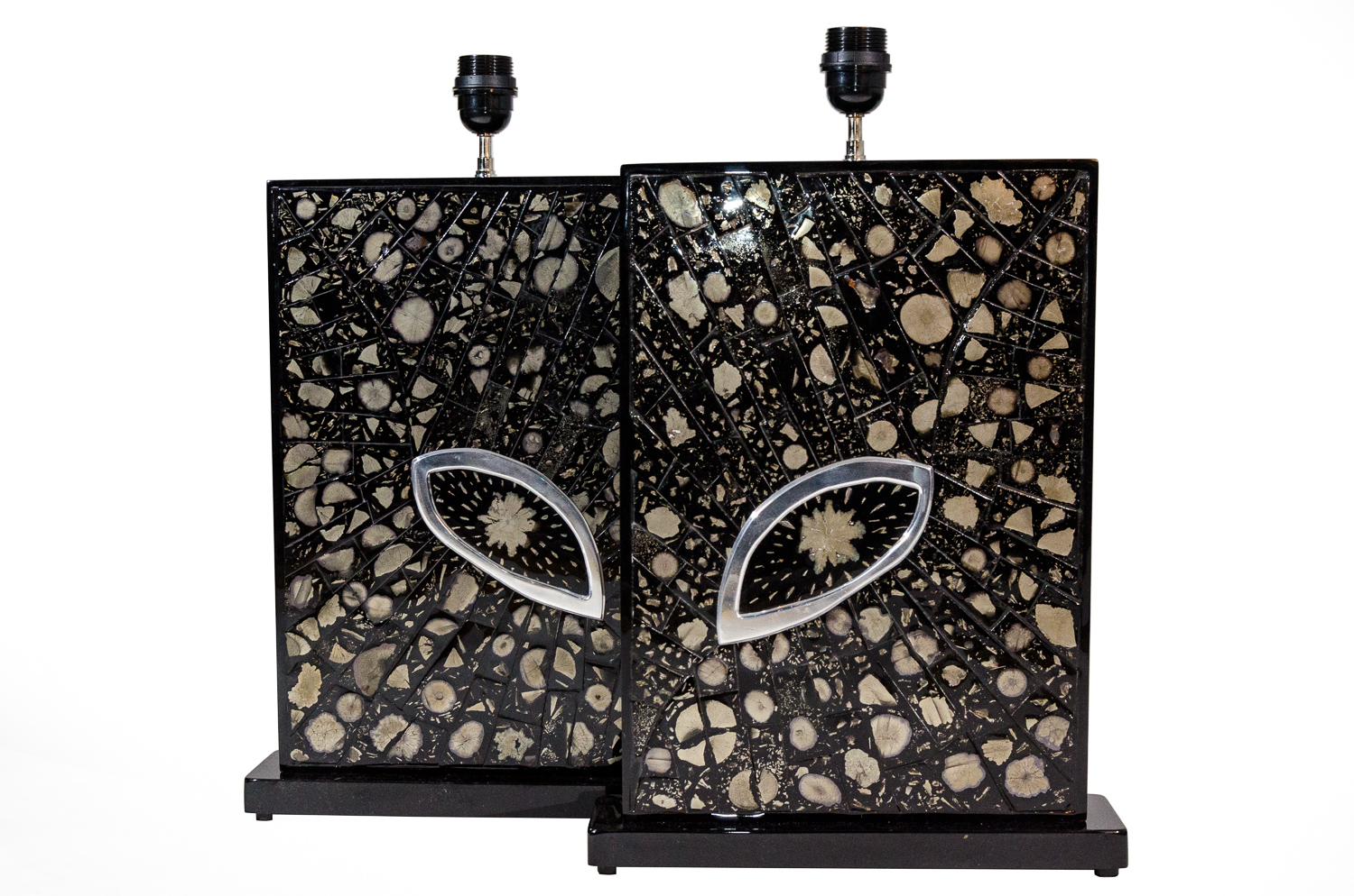 Pair Of Black resin table lamps inlay maracassit by Stan Usel