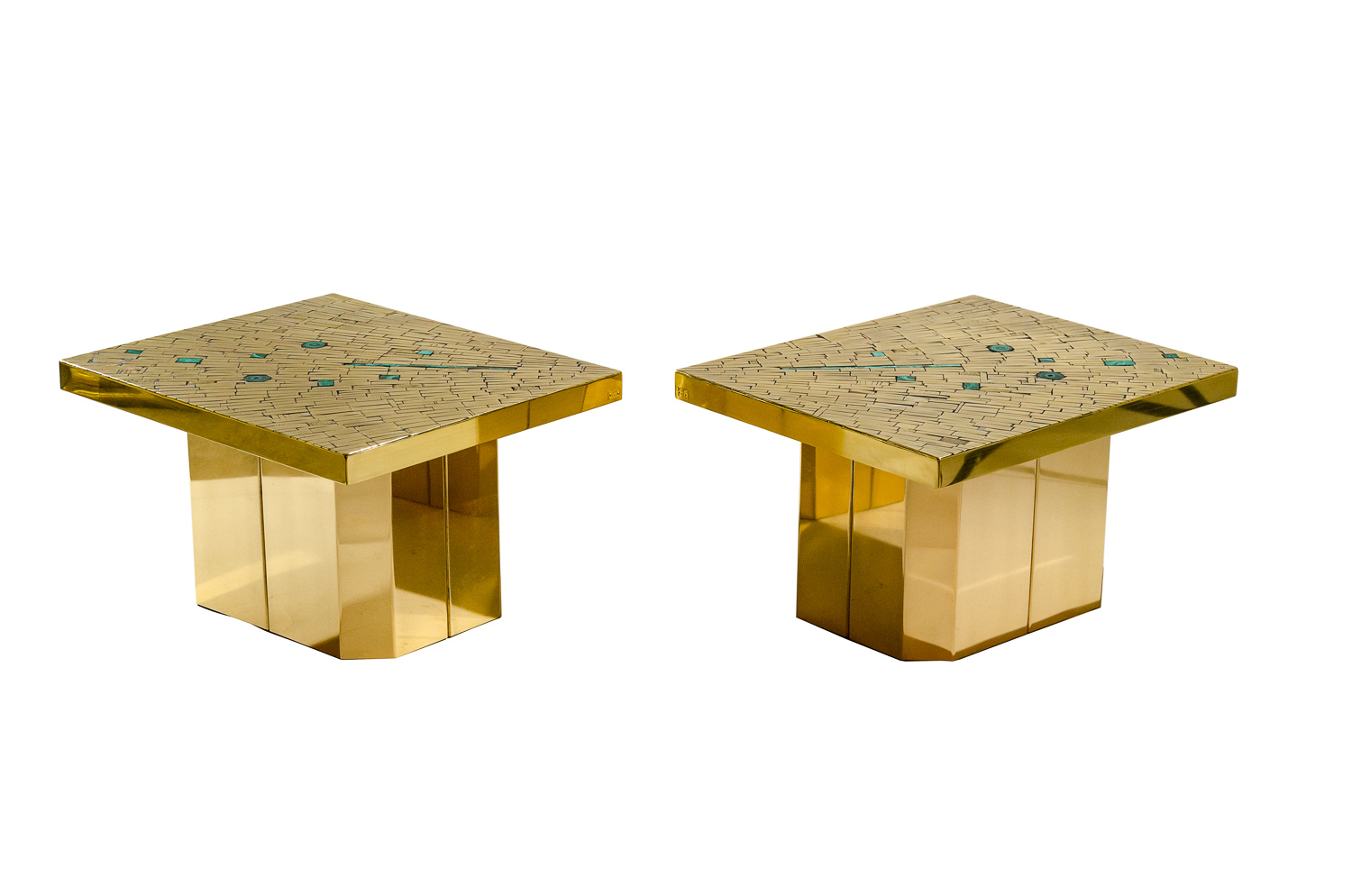 Pair Of Brass Mosaic Side table inlay malachite By Stan Usel