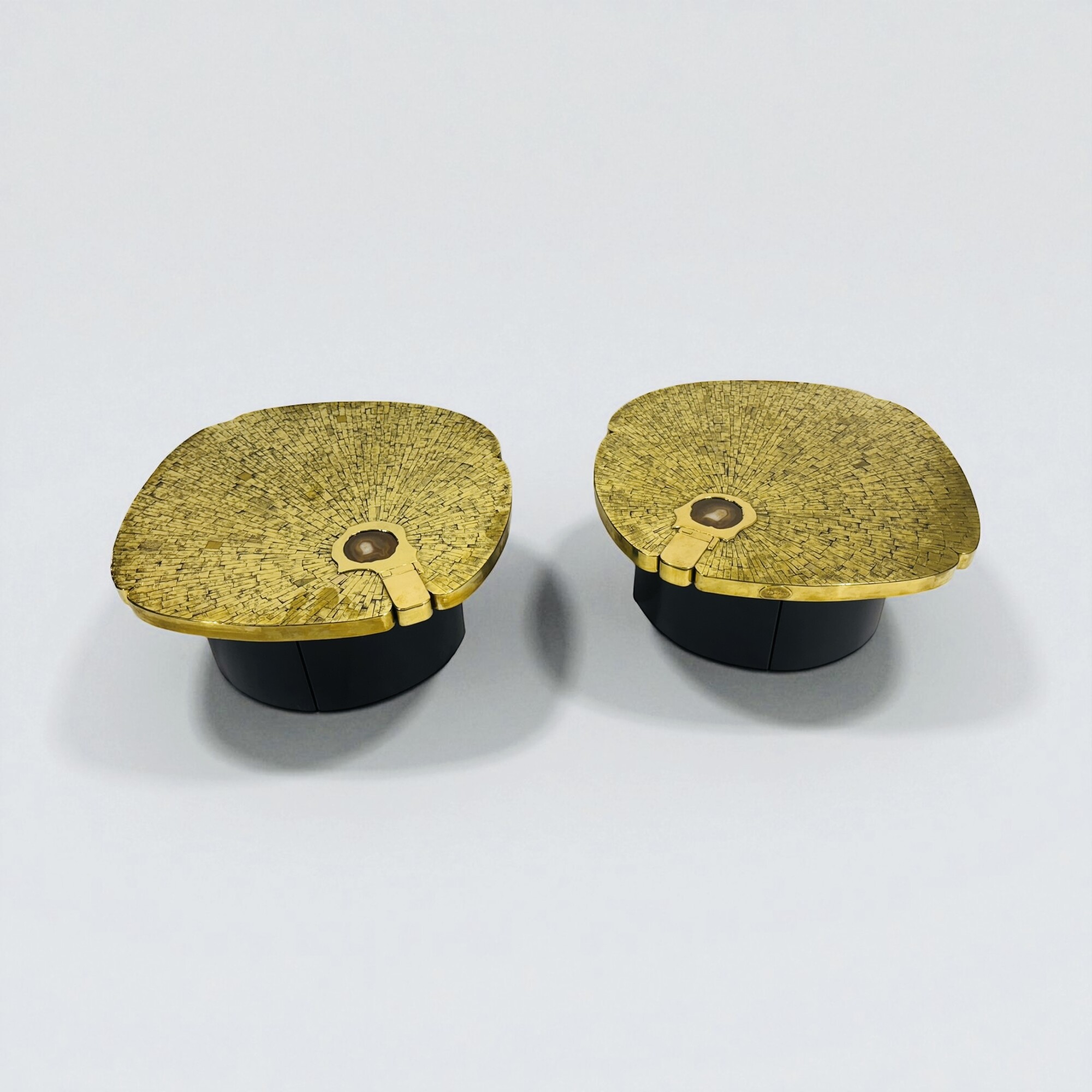 Pair Of mosaic brass side table By Jean-Claude Dresse