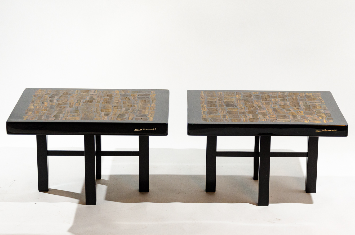 Pair Of Side Table Black Resin Inlay Tiger Eyes By E. Allemeersch