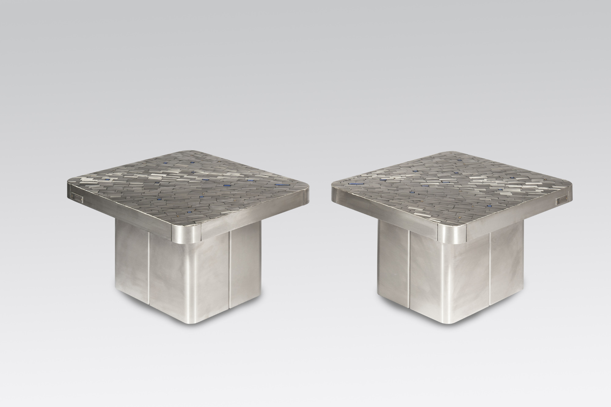 Pair of side table mosaic stainless steel and lapis lasuli by Stan Usel