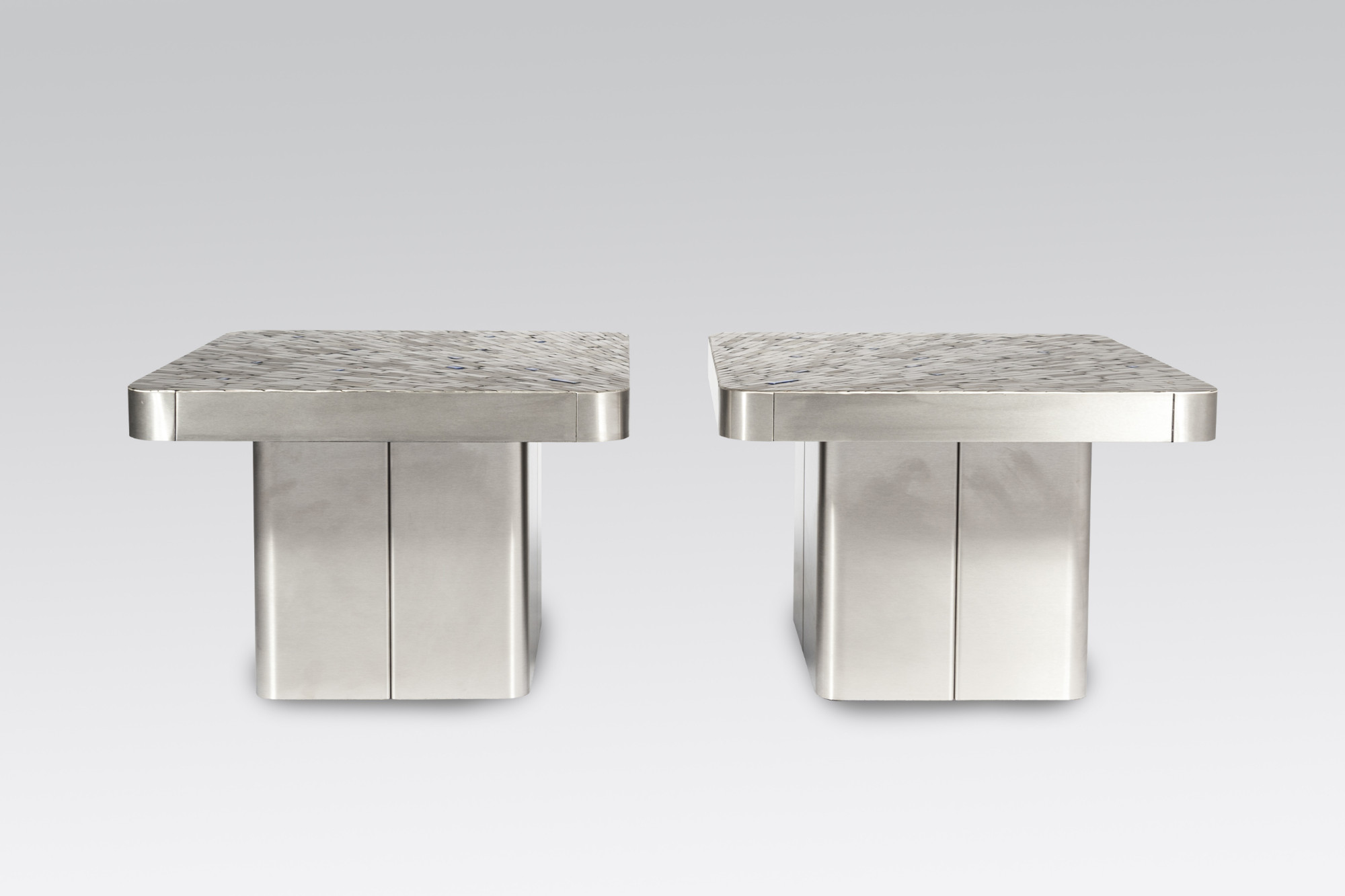 Pair of side table mosaic stainless steel and lapis lasuli by Stan Usel