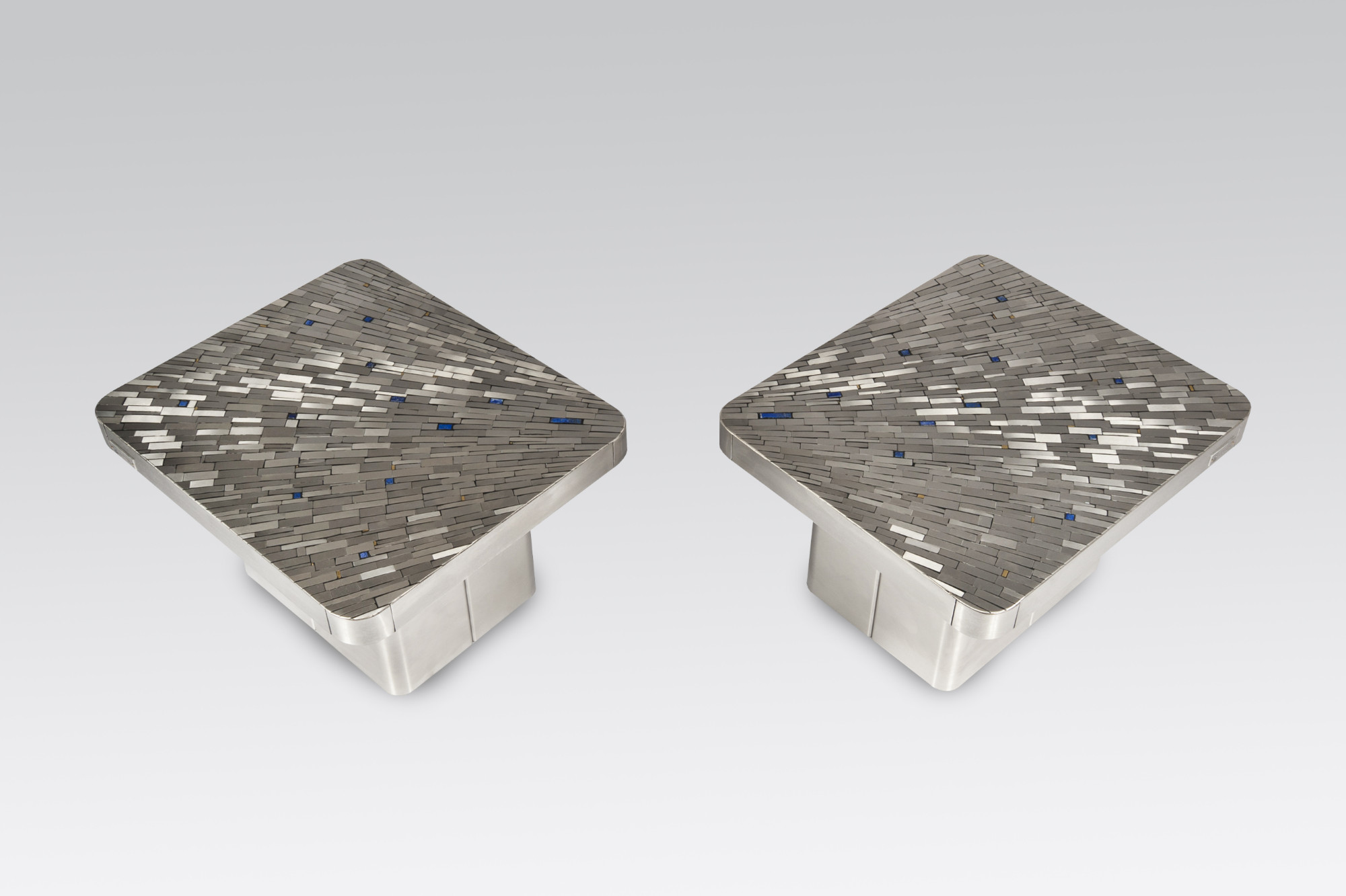 Pair of side table mosaic stainless steel and lapis lasuli by Stan Usel