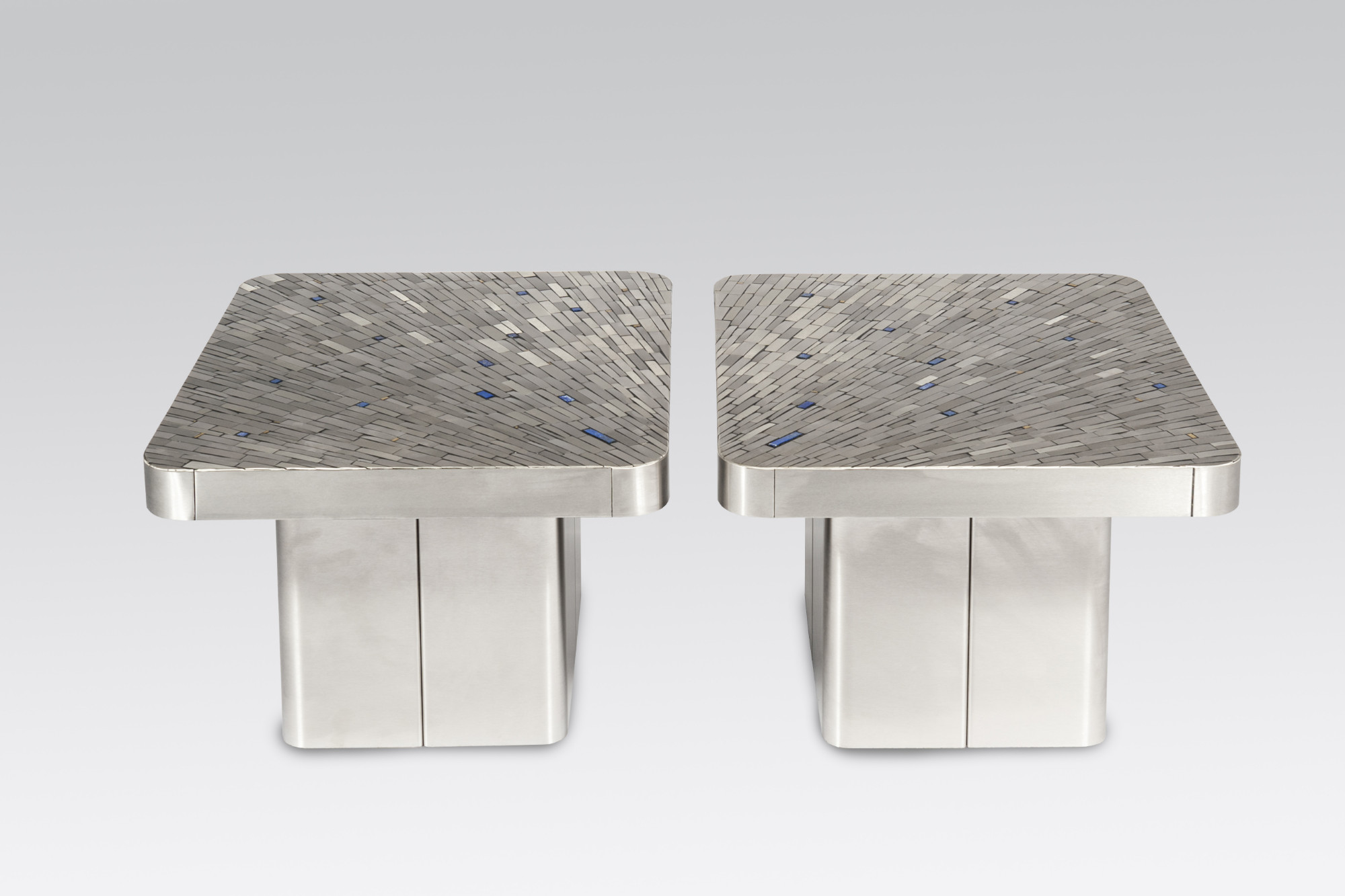 Pair of side table mosaic stainless steel and lapis lasuli by Stan Usel