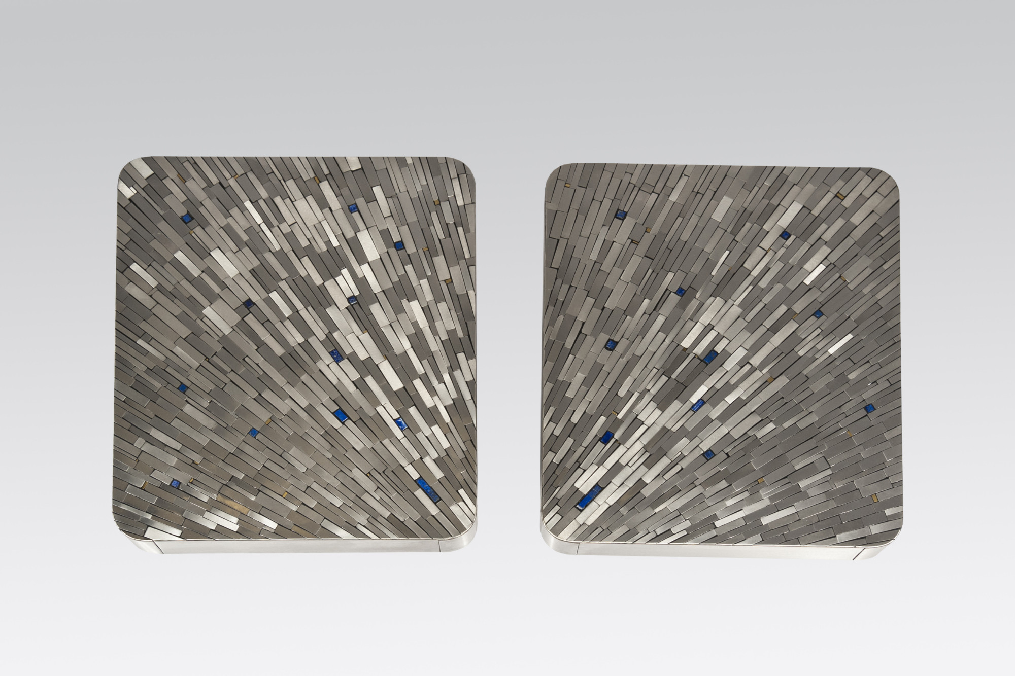 Pair of side table mosaic stainless steel and lapis lasuli by Stan Usel