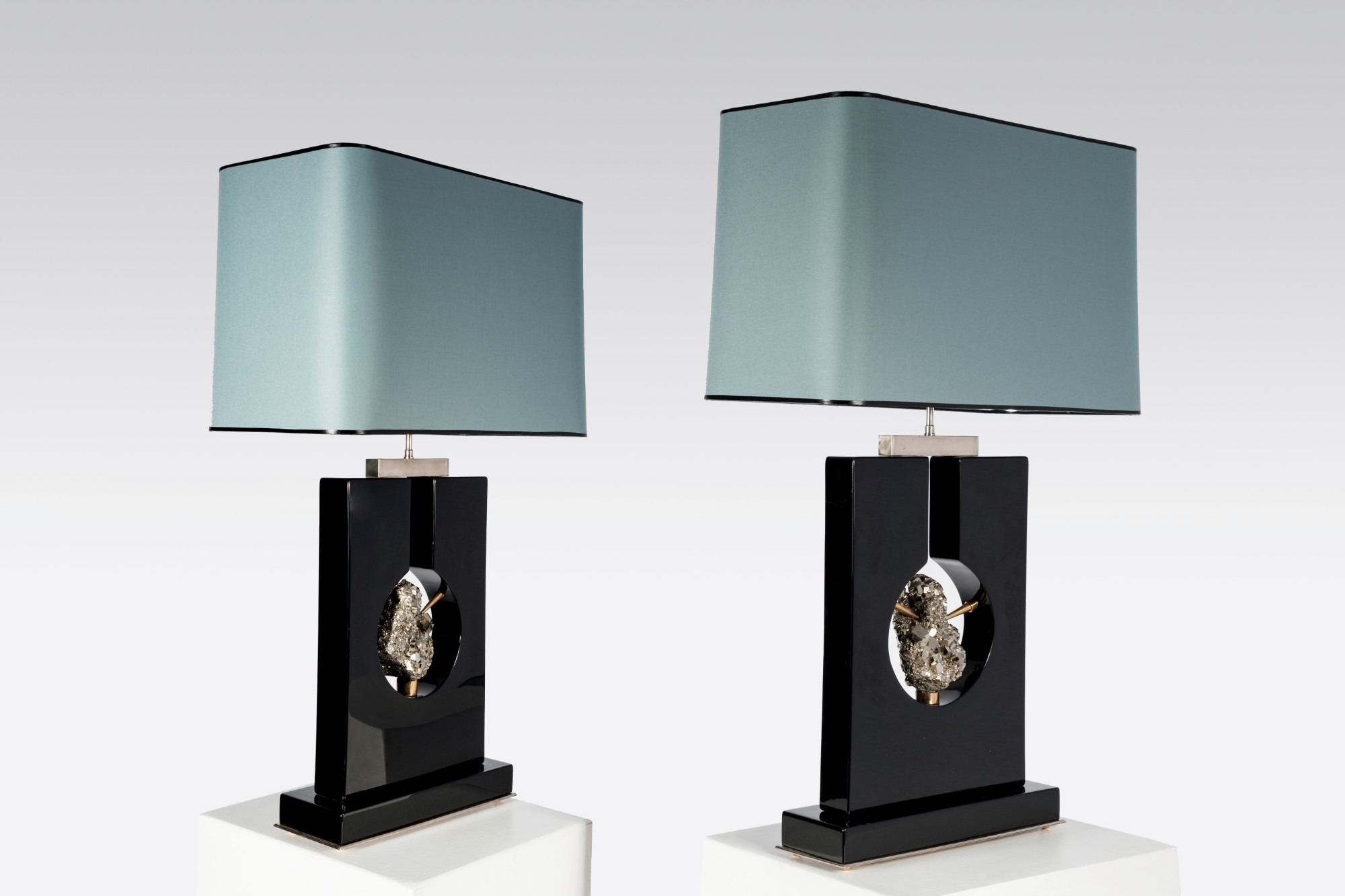 Pair Of table Lamps black Resin and Pyrite By Stan Usel