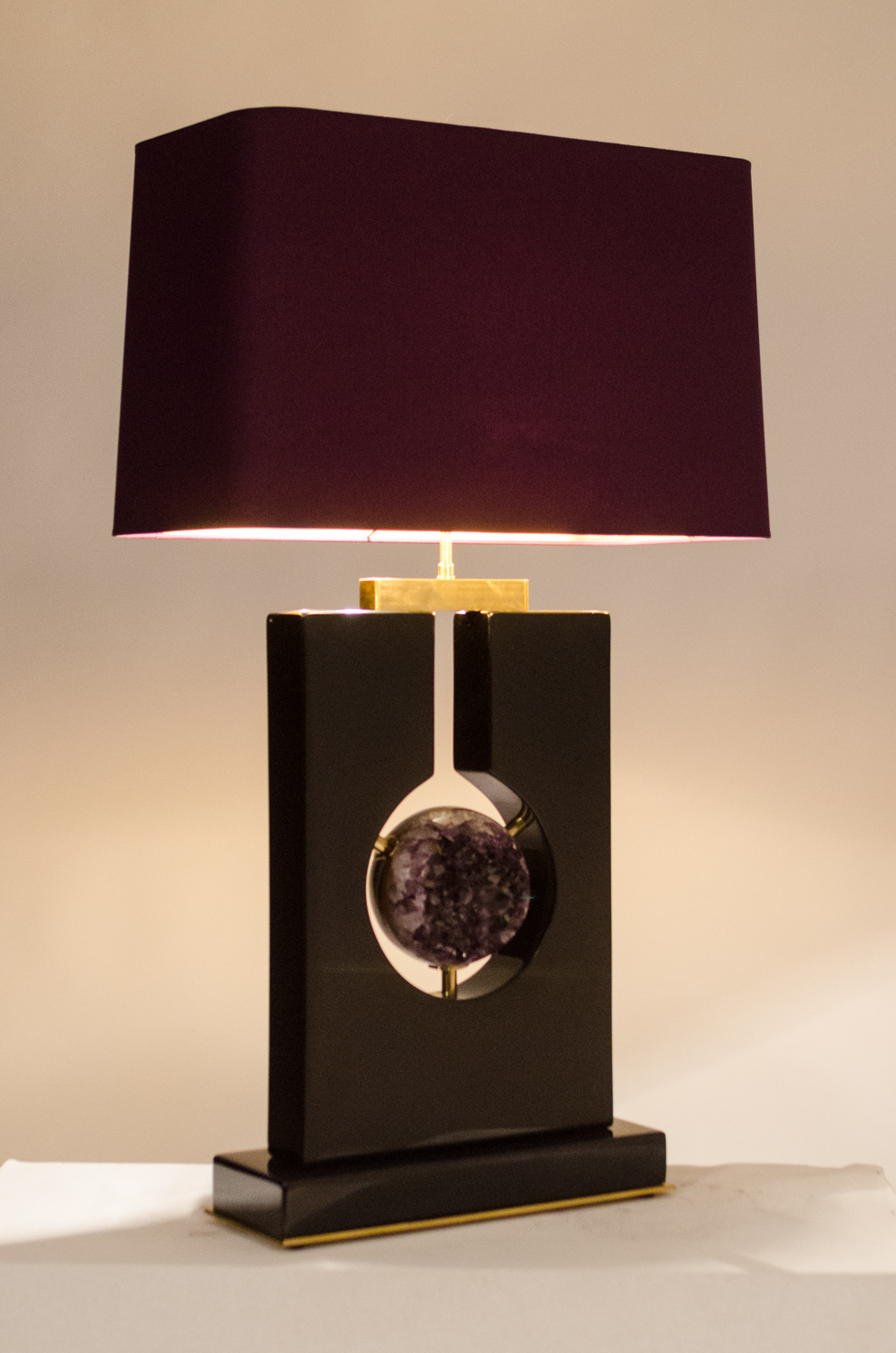 Pair Of Table Lamps in Black Resin crimped Ametist Sphere By Stan Usel