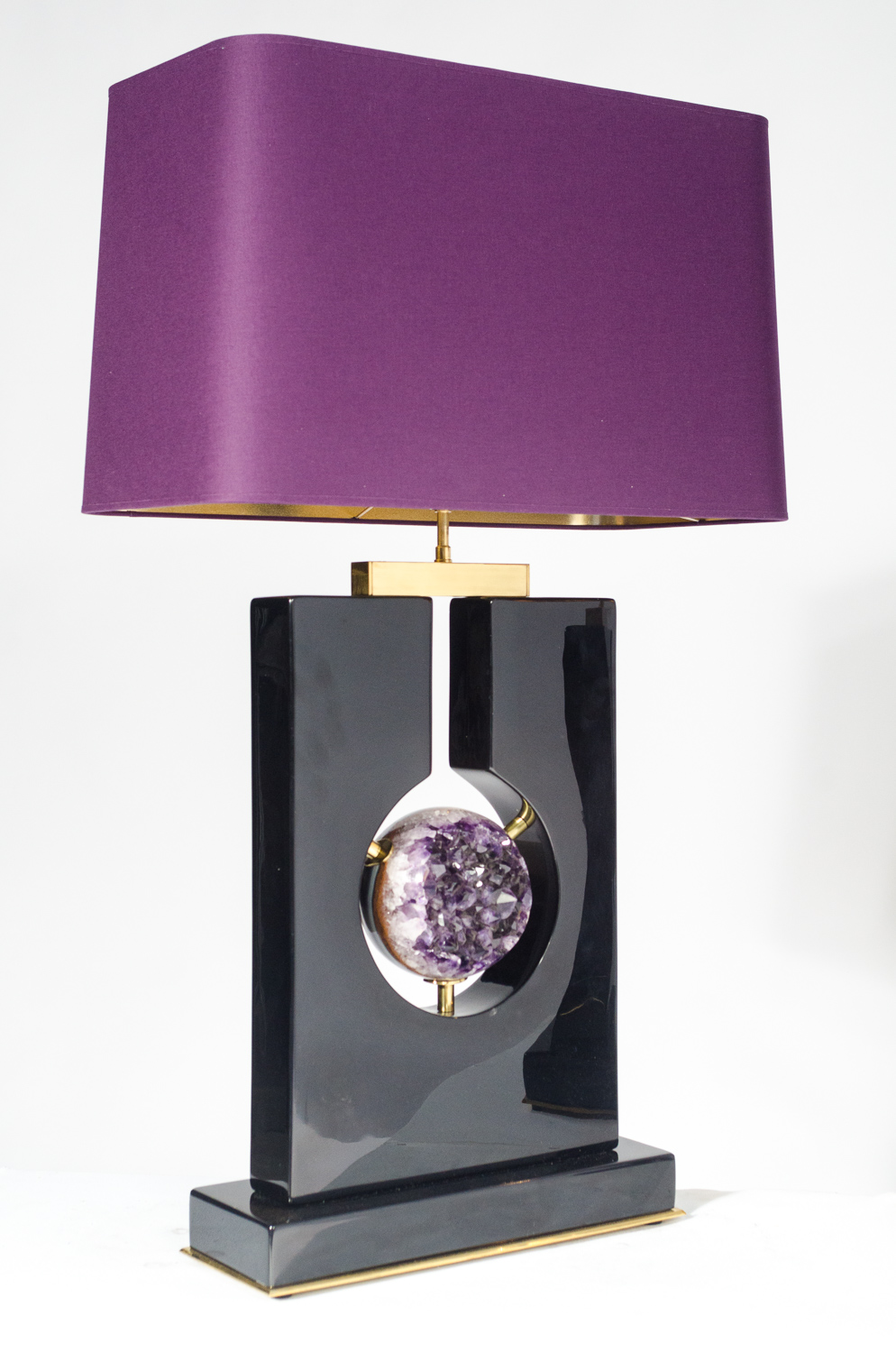 Pair Of Table Lamps in Black Resin crimped Ametist Sphere By Stan Usel